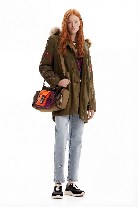 Desigual, Parka capucha bordados, Algodon, Verde, XS