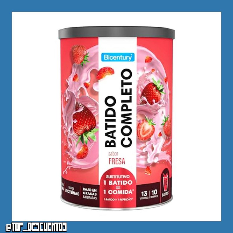 Bicentury Batido Completo Sustitutivo de Comida Sabor Fresa, Rico en Proteínas, Bajo en Grasas, Un batido equivale a una comida completa, 436 g, 16 raciones