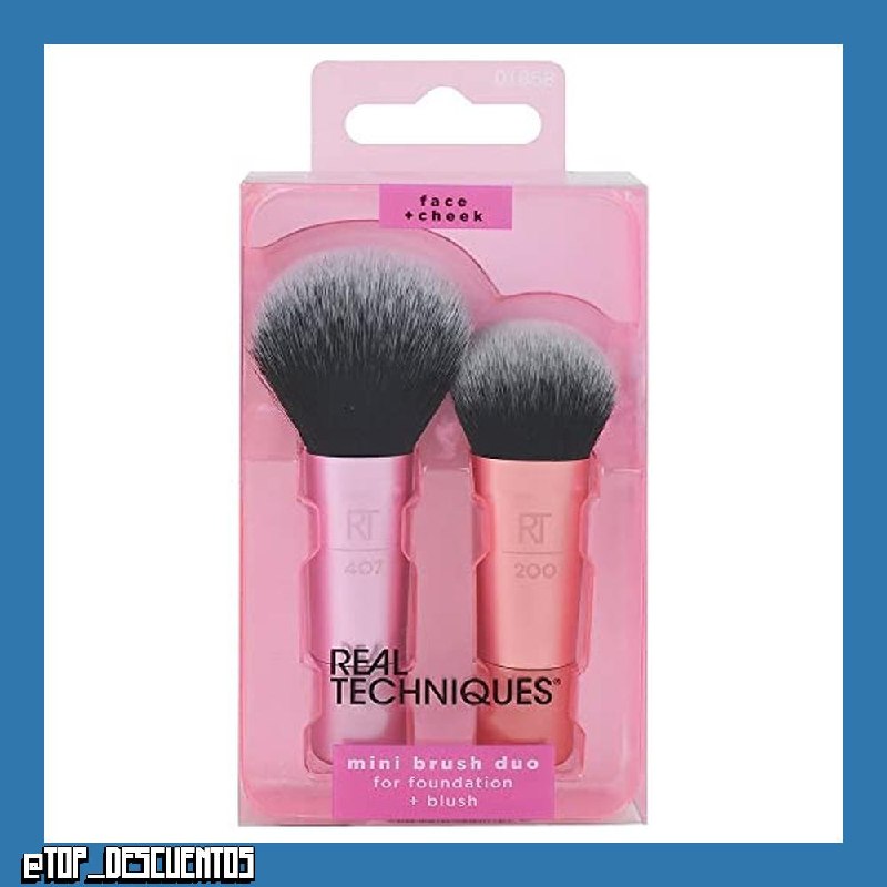 Real Techniques Base y colorete Mini Brush Duo, tamaño de viaje, para colorete suelto y base líquida, juego de 2 piezas