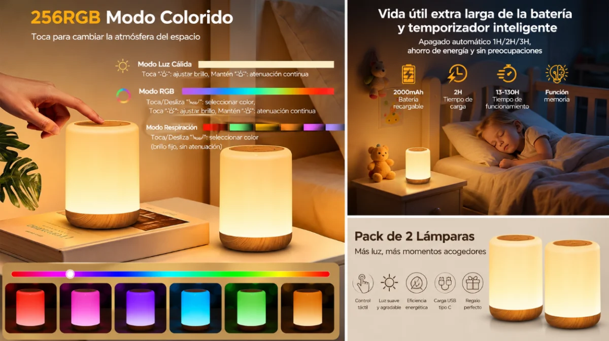 Pack x2 lámparas LED recargables con batería de 2000mAh, mando y 256 colores RGB por sólo 24,68€ (-18%)