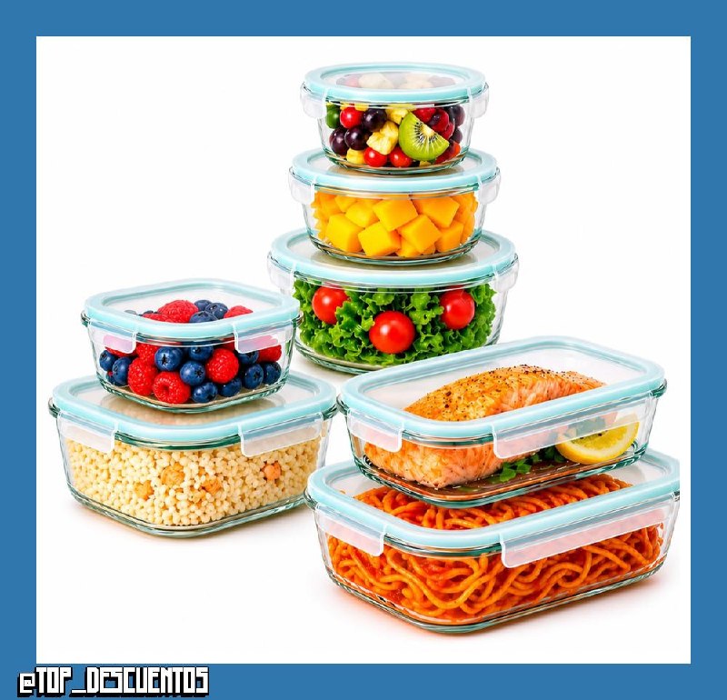 edihome, Recipientes de Cristal para alimentos, 14 Piezas (7 recipientes + 7 tapas), para Comida Hermetico, Apto para lavavajillas, congelador, microondas, sin BPA (7 Recipientes)