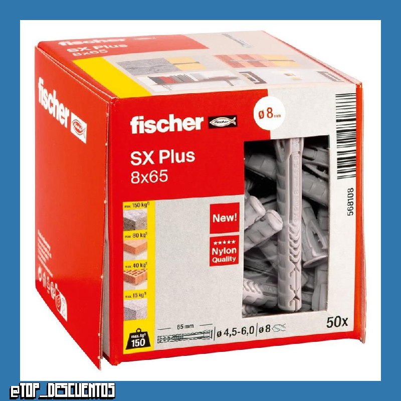 fischer 568108 SX Plus - Taco de expansión SX Plus 8x65, caja con 50 anclajes de nylon, anclajes para una sujeción óptima al fijar en hormigón, ladrillo macizo, ladrillo (Caja 50 unidades)