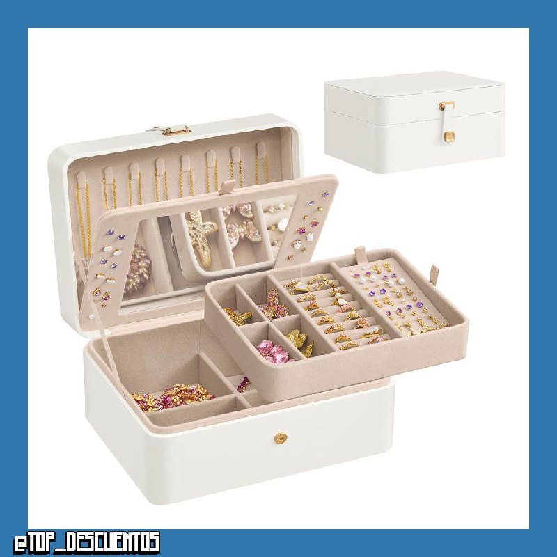 SONGMICS Caja Joyero con Espejo, 2 Niveles, 17,6 x 22 x 11 cm