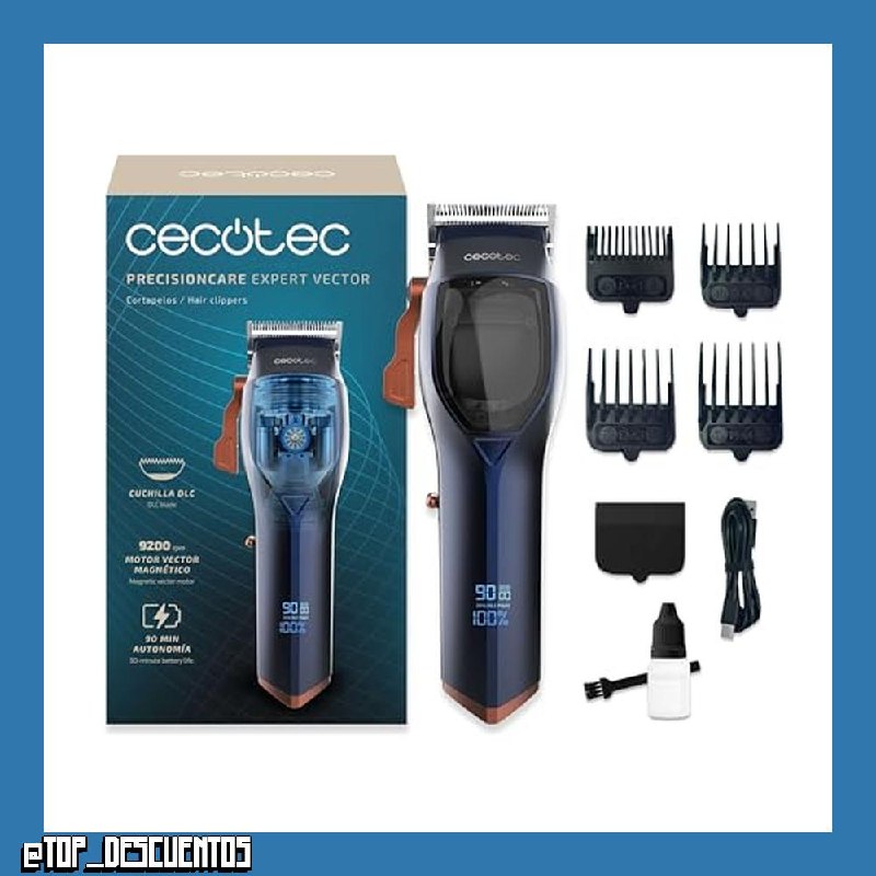 Cecotec Cortapelos con Motor Vector Magnético PrecisionCare Expert Vector. 9200rpm, 4 Peines, Cuchilla DLC de Acero Inoxidable y Cerámica, Pantalla, Autonomía 90mins, Cargador Tipo C
