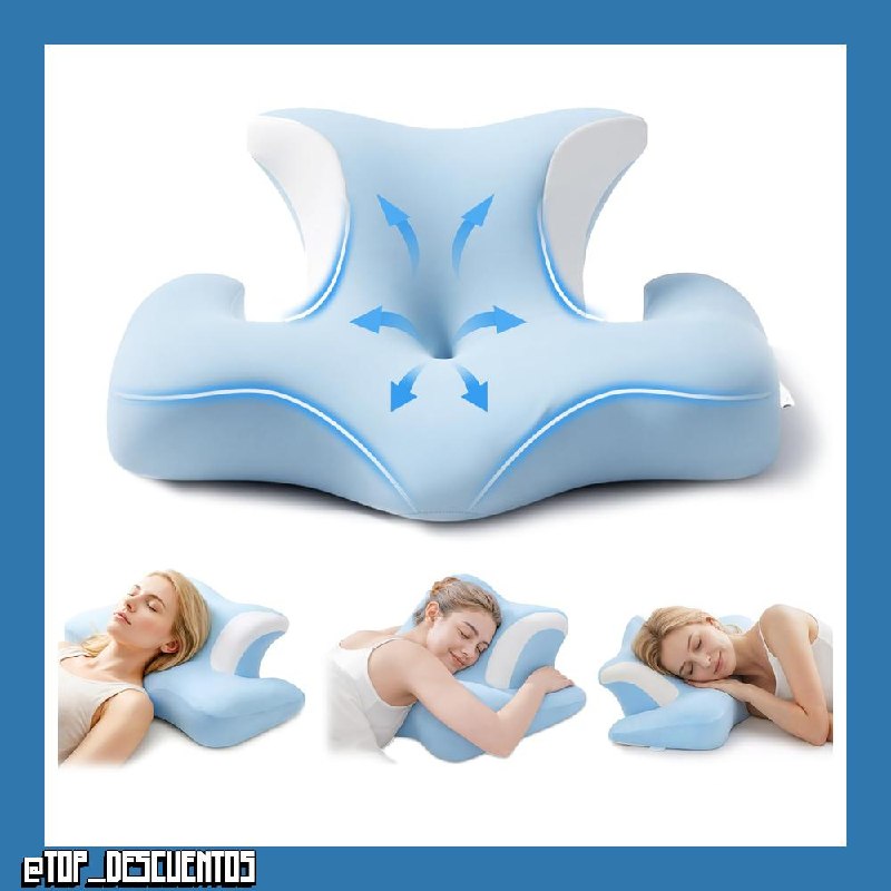 COSYLAND Almohada Cervicales y Cuello - Ergonómica para Dormir de Lado, Boca Arriba o Abajo, Espuma Viscoelástica, Diseño con Espacio para Orejas y Brazos, Funda Transpirable, 64×48×24 cm, Azul Cielo