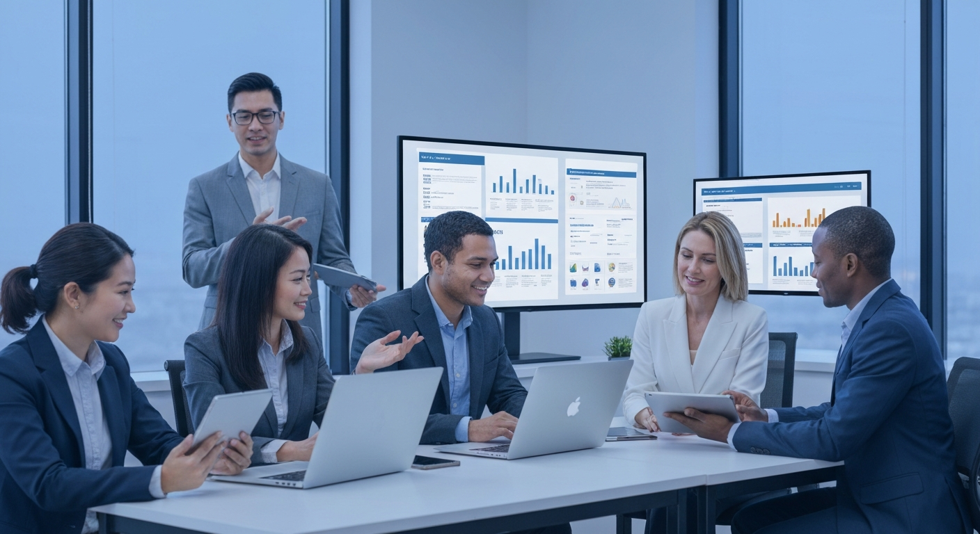 Real estate agents collaborating in a modern brokerage office with technology and training materials.