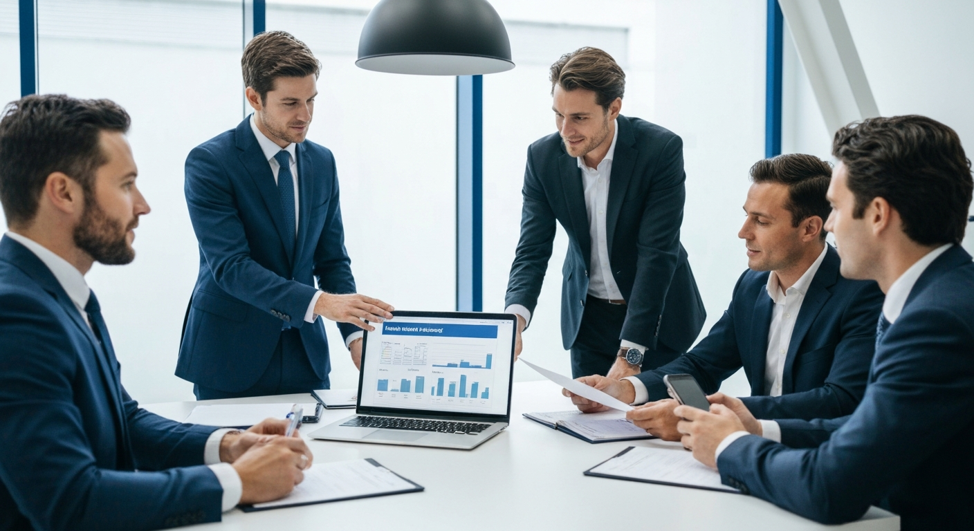 Real estate agents collaborating in a modern brokerage office with technology and coaching support