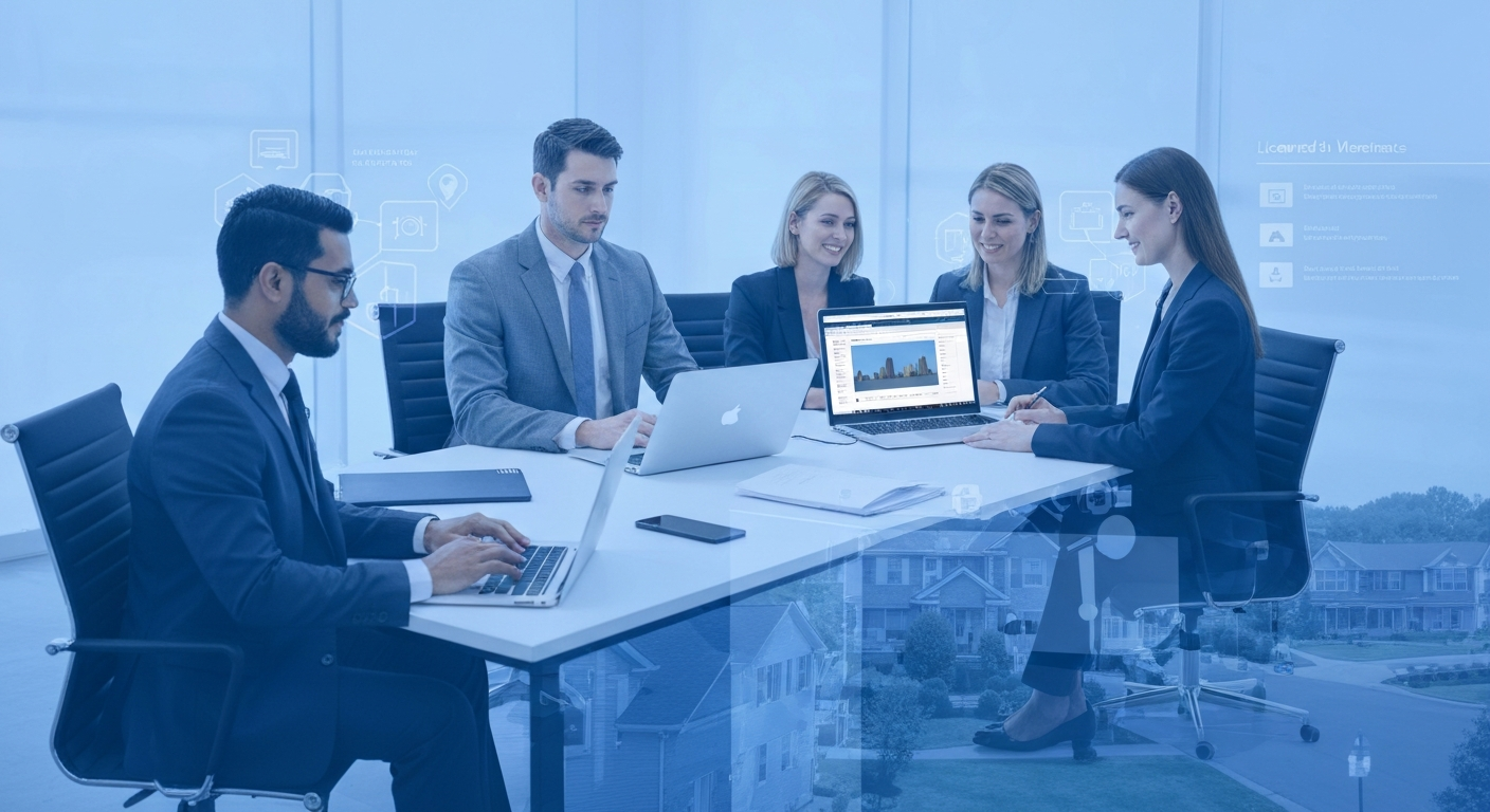 Licensed real estate agents collaborating in a modern brokerage office with technology and coaching support