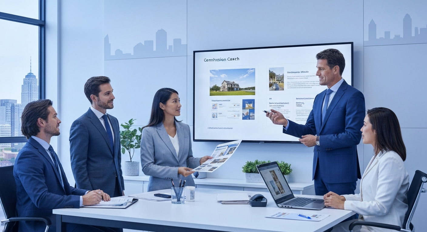 Licensed real estate agents reviewing brokerage commission models, technology tools, and support options in a modern office setting.