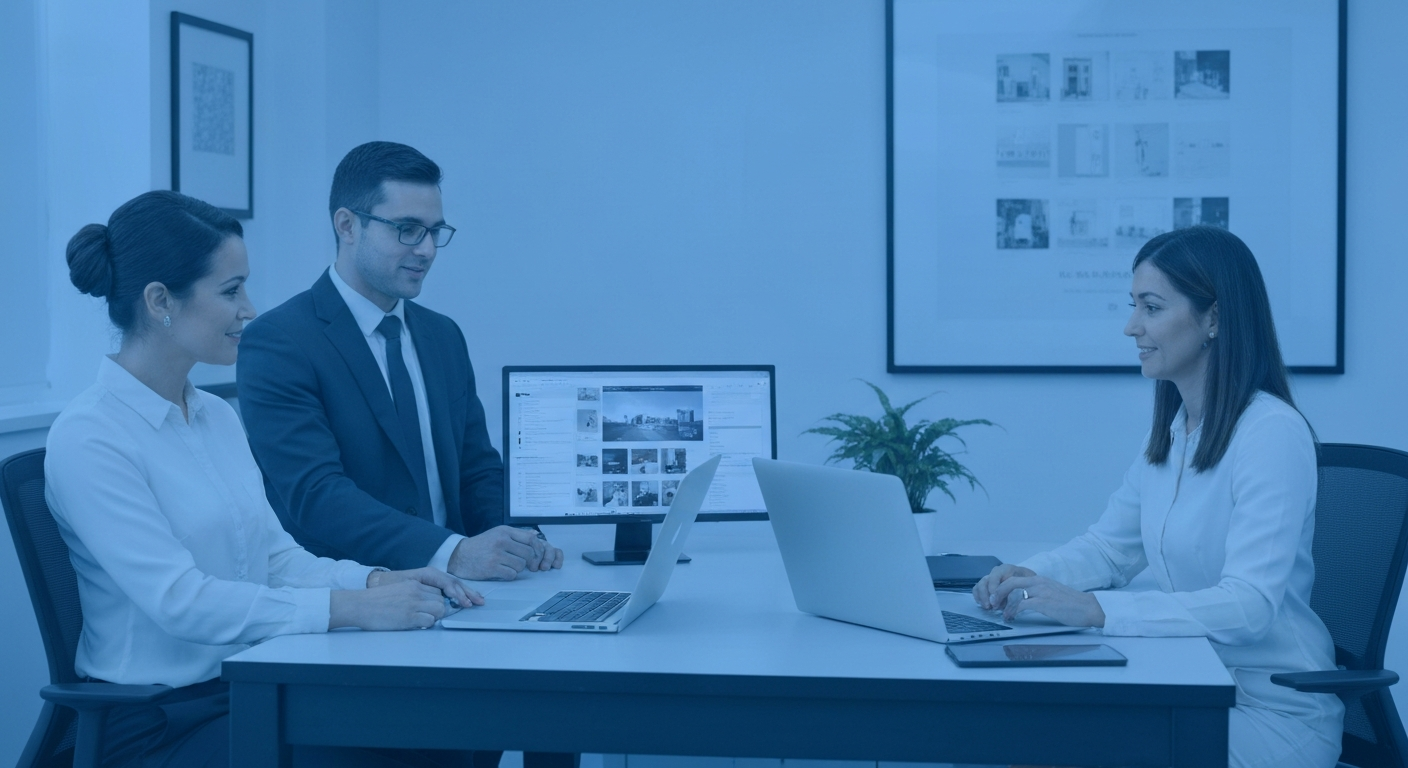 Licensed REALTORS® in a modern brokerage office reviewing technology tools and support resources