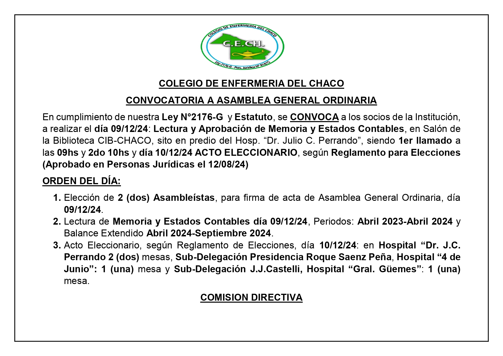 CONVOCATORIA A ASAMBLEA GENERAL ORDINARIA Y ELECCIONES 2024