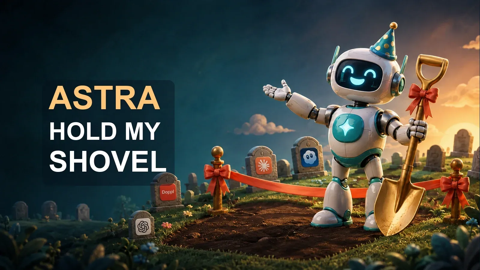 A cheerful fictional Astra robot holds a golden shovel beside gravestones displaying the Doppl, OpenAI, Claude and Sora icons, with the words Astra: Hold My Shovel.