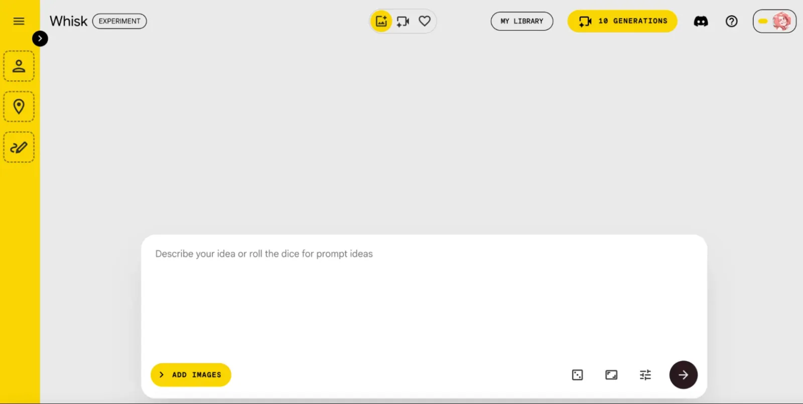 Historical Google Whisk interface with its yellow image-input sidebar, idea prompt and library controls.