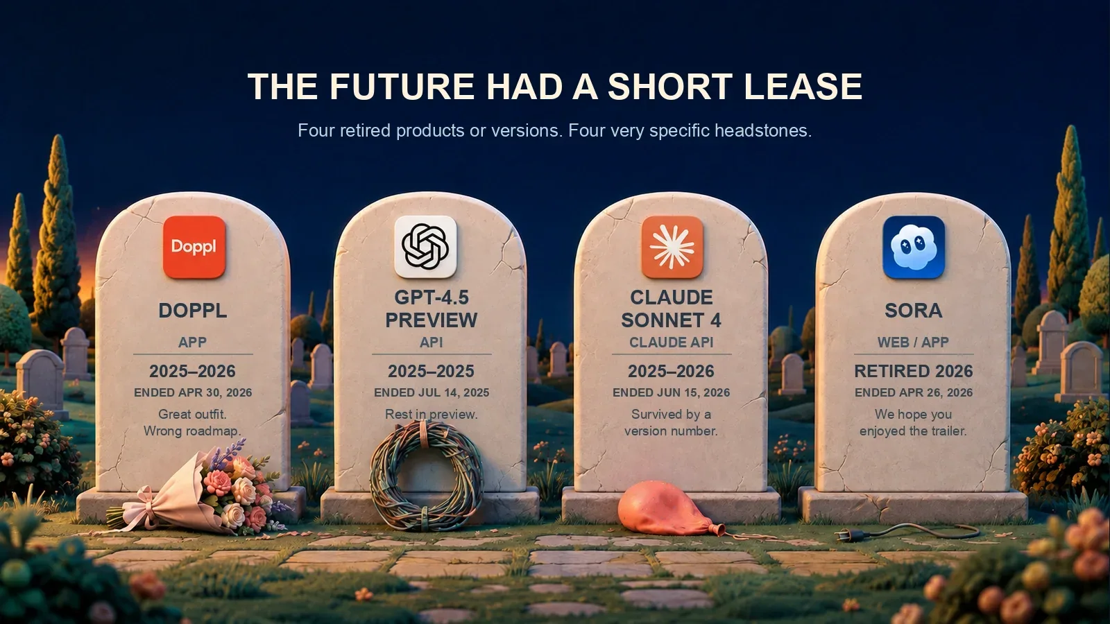 Four illustrated headstones carry the Doppl, OpenAI, Claude and Sora icons above the names and retirement dates of the specific apps or model versions.