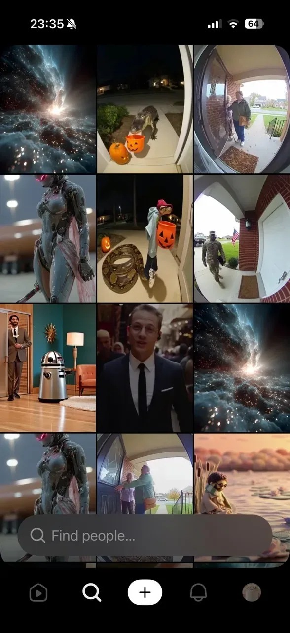 Historical Sora mobile app screenshot showing a grid of video thumbnails and navigation controls.