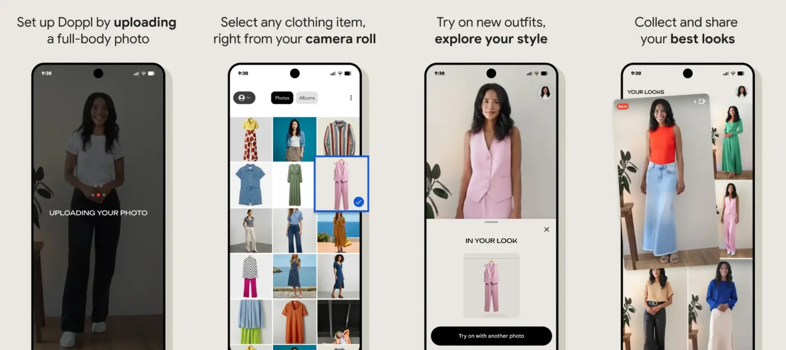 Four historical Doppl app screens show uploading a full-body photo, choosing clothes, previewing an outfit and saving looks.