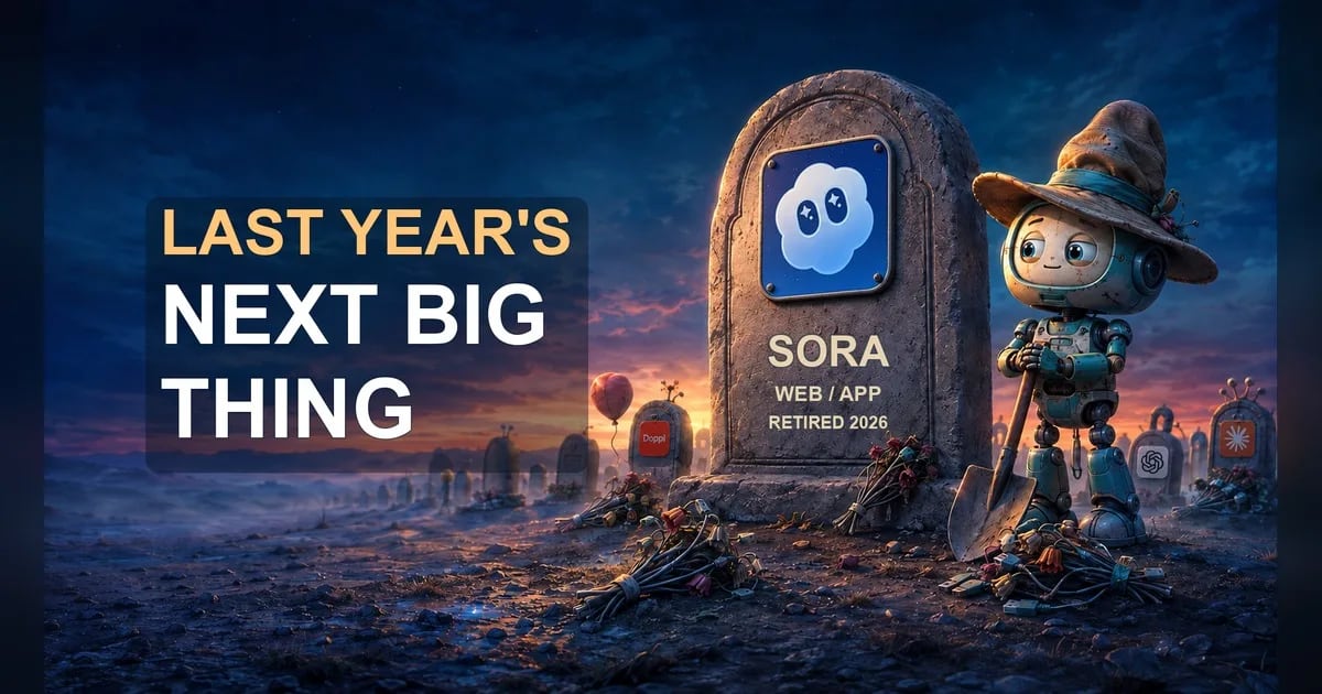 Four illustrated headstones carry the Doppl, OpenAI, Claude and Sora icons above the names and retirement dates of the specific apps or model versions.