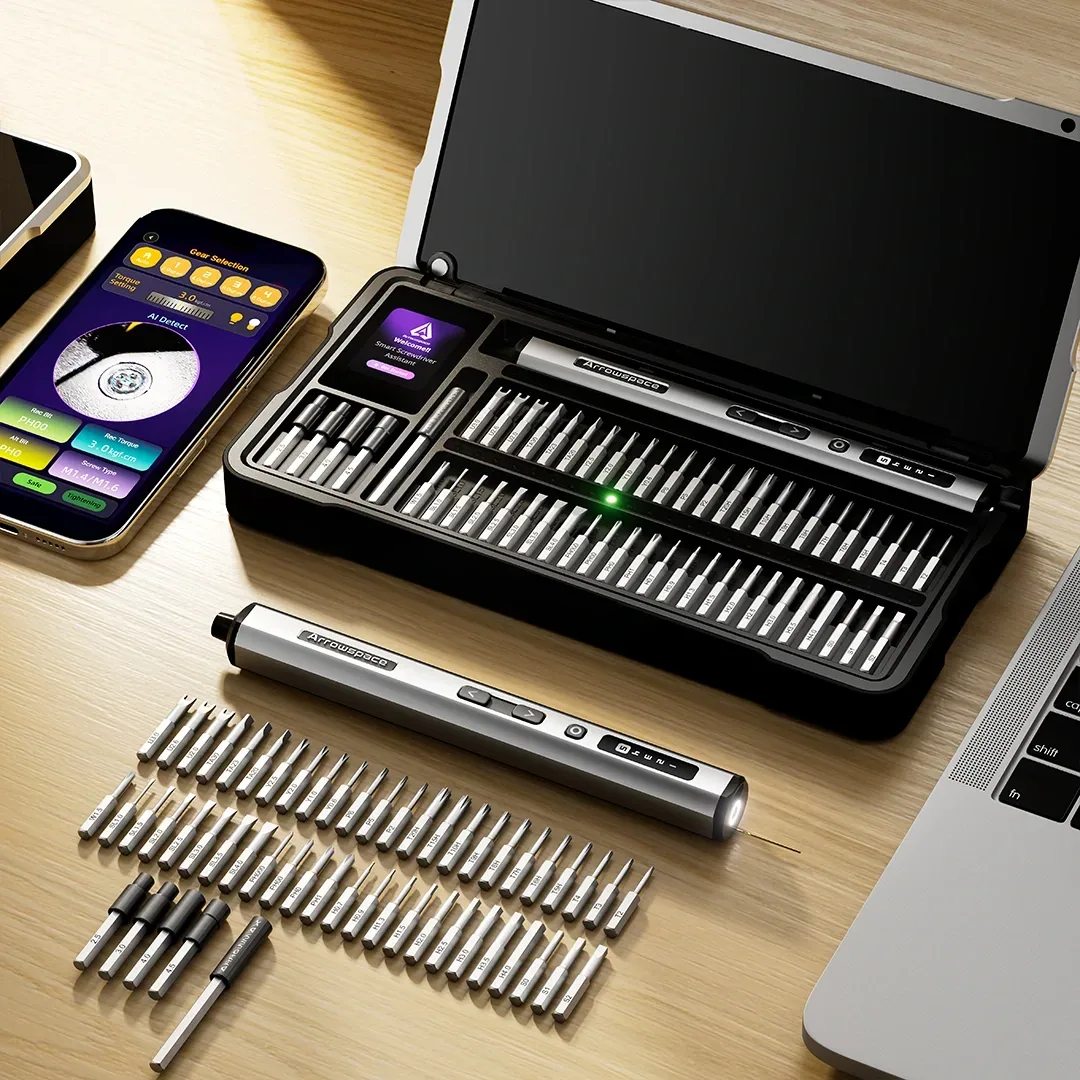 Promotional view of the S1 screwdriver, bit case with an illuminated slot, and phone app.