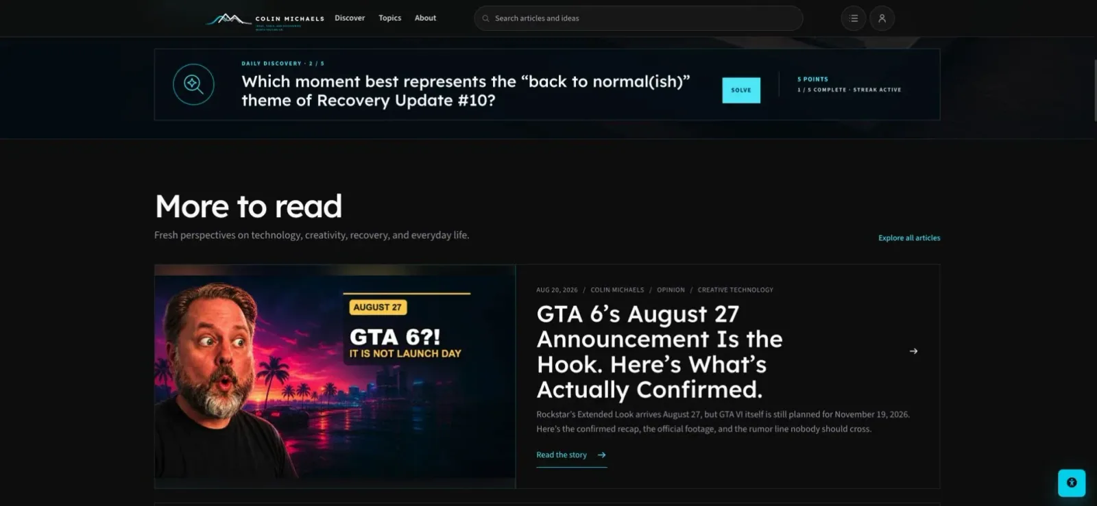 The Daily Discovery question experience displayed above the latest stories on ColinMichaels.com.