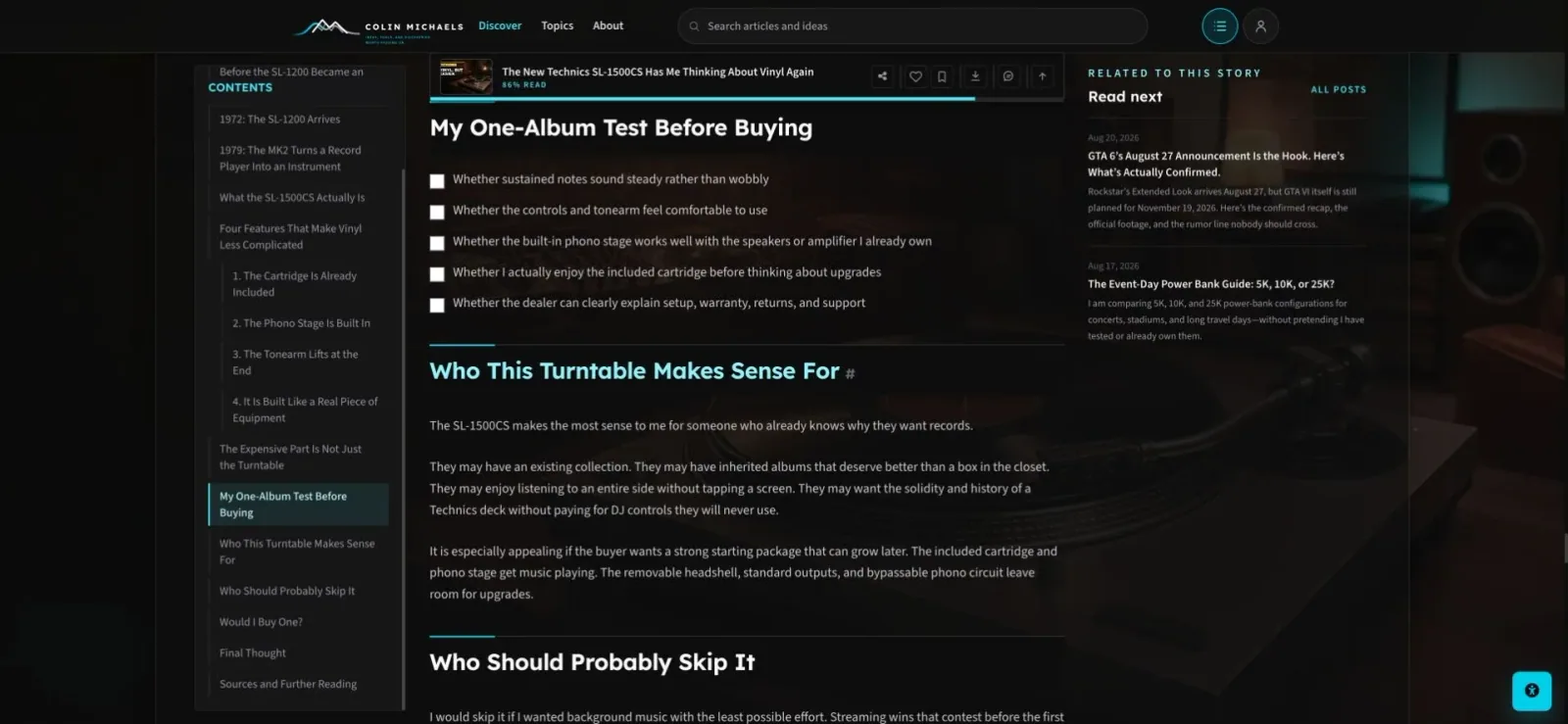 A ColinMichaels.com article showing its contents panel, reading progress, personal-list controls, offline saving, comments, sharing, and related reading.