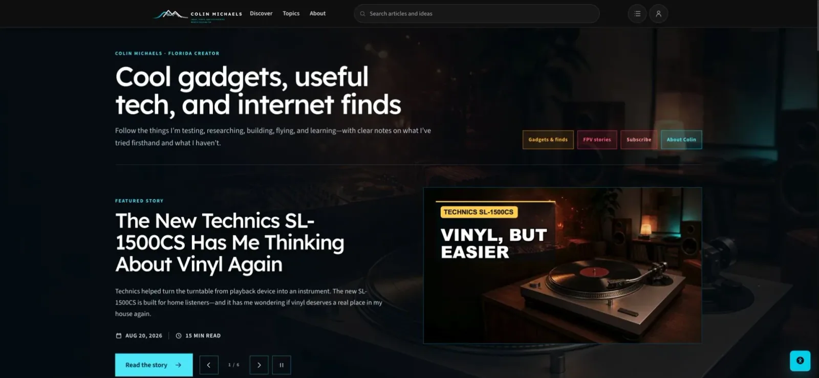 The redesigned ColinMichaels.com homepage with its editorial hero and rotating featured story.