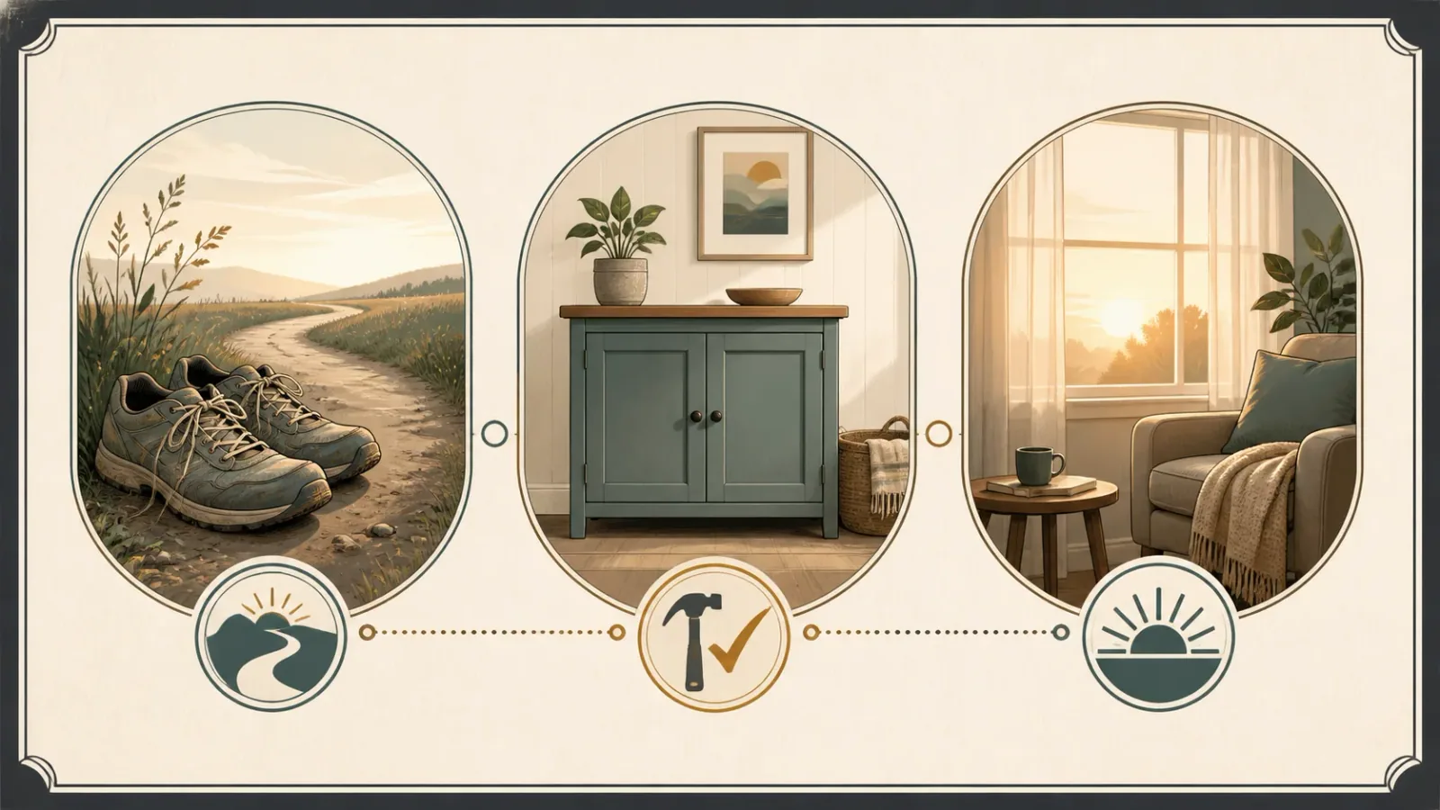Three connected scenes representing continuing to show up, finishing something, and noticing what has become easier.