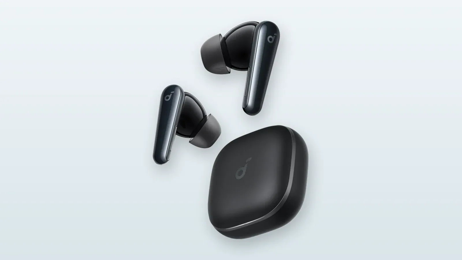Black soundcore Liberty 5 earbuds and charging case, shown as a multipoint noise-cancelling earbud example.