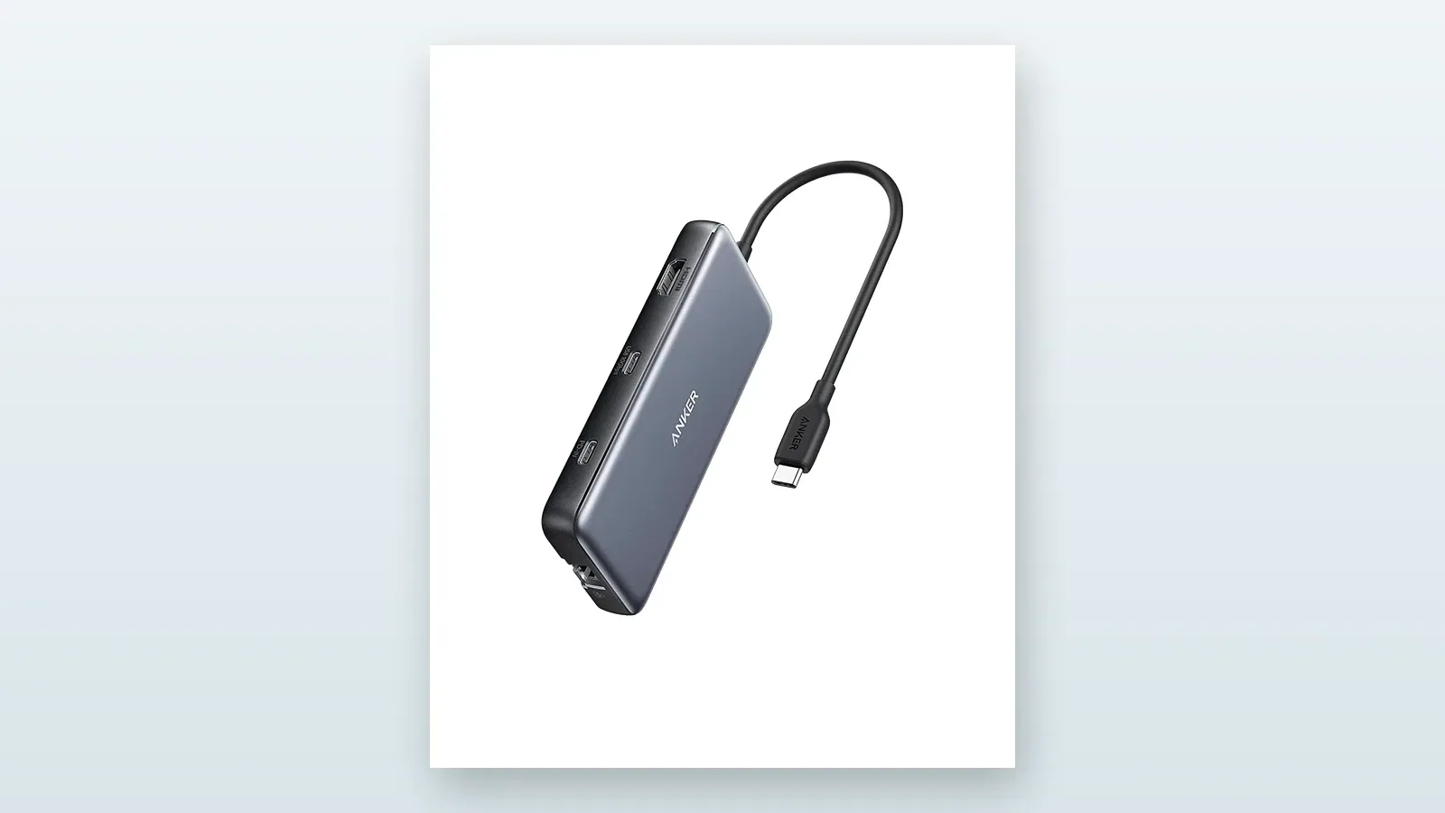 Anker 555 eight-in-one USB-C hub with its attached host cable.