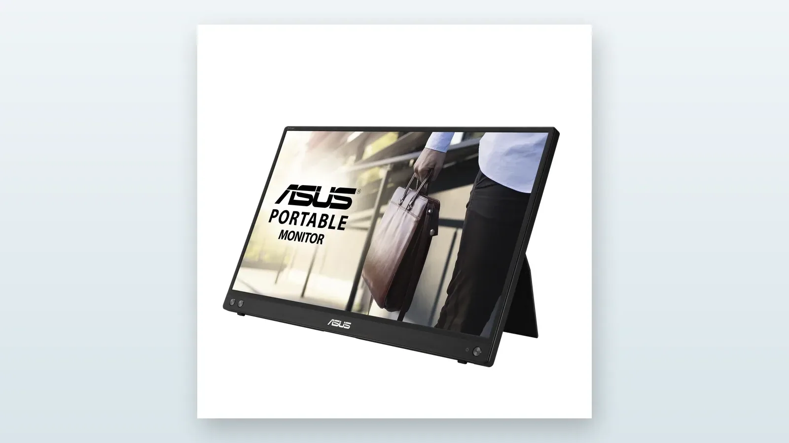 ASUS ZenScreen MB16ACV portable monitor resting on its built-in kickstand.
