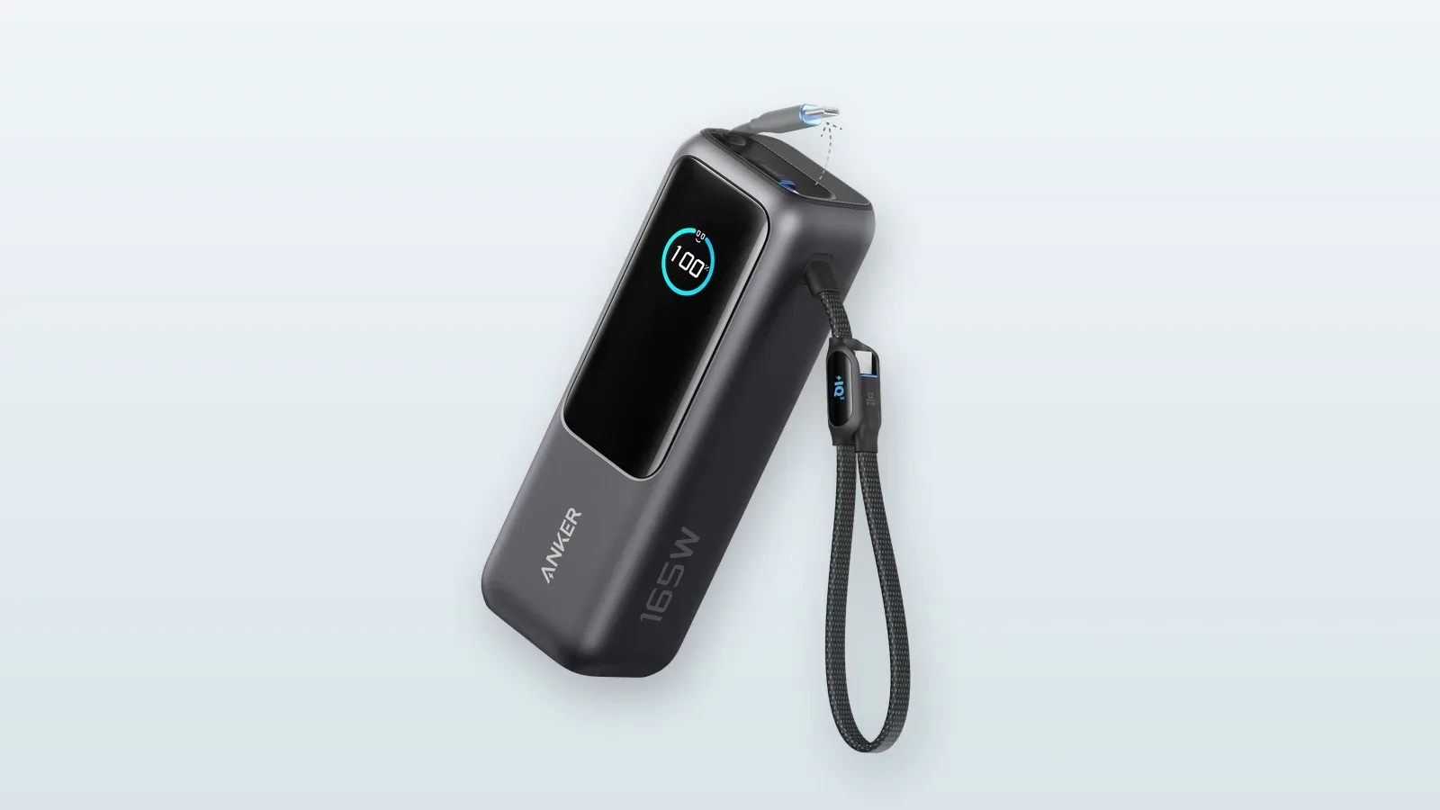 Anker 25K laptop power bank with built-in USB-C cables and a charge display.