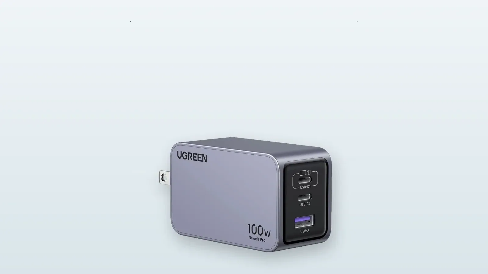 UGREEN Nexode Pro 100W charger with two USB-C ports and one USB-A port.