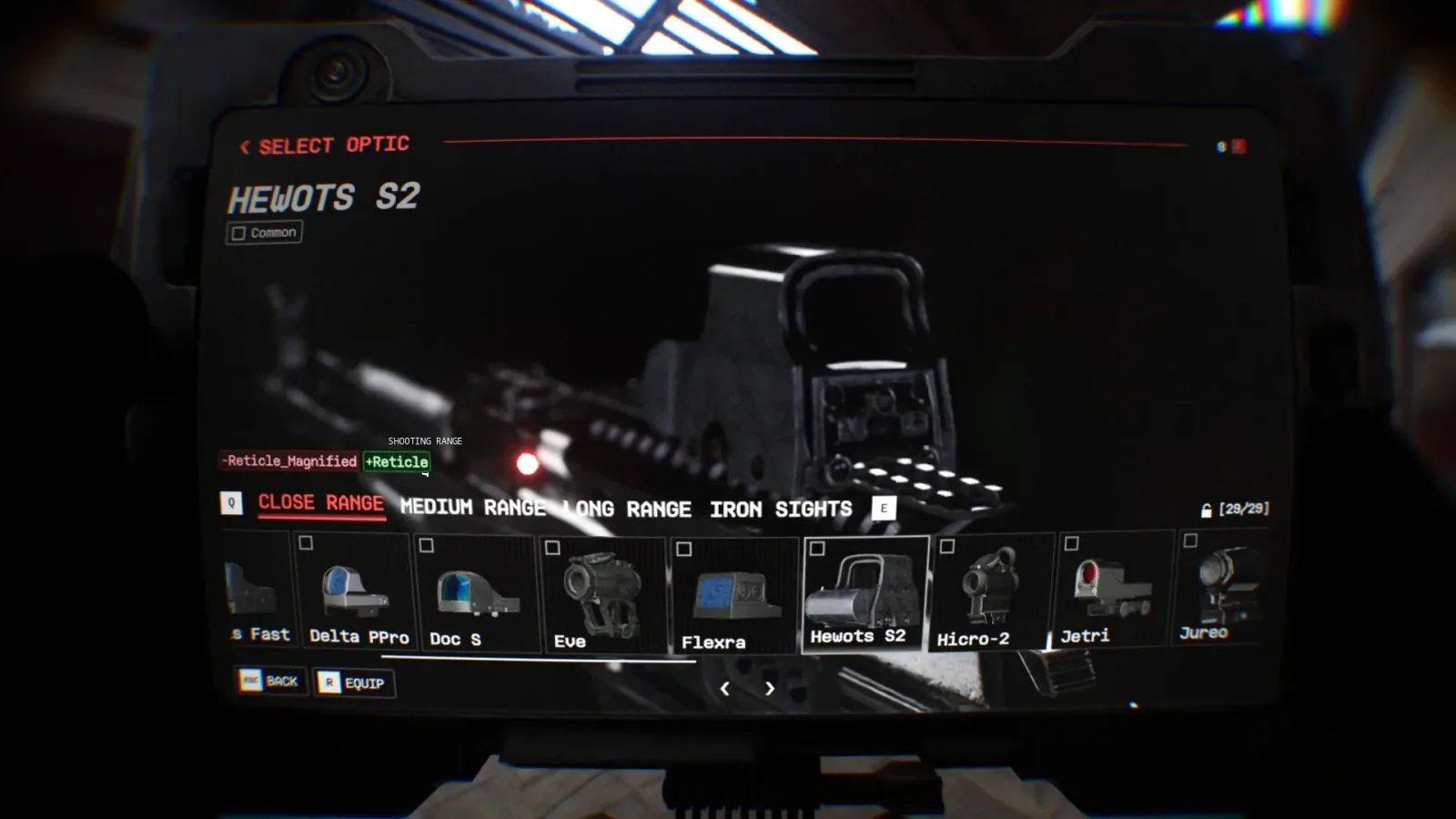 Official Bodycam promotional screenshot showing an in-world tablet used to select an optic and configure equipment.