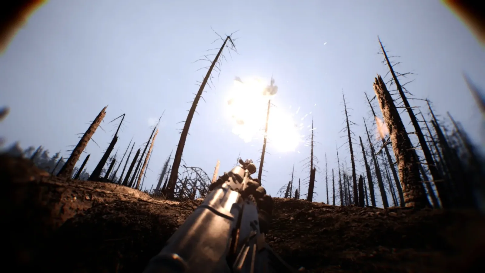 Official Bodycam promotional screenshot showing a low first-person view in a burned forest and trench environment.