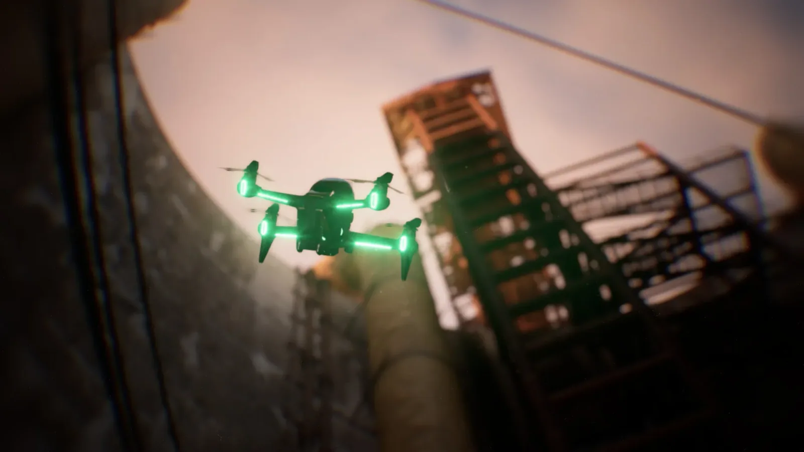 Official Bodycam promotional screenshot showing a small FPV quadcopter near an industrial tower.