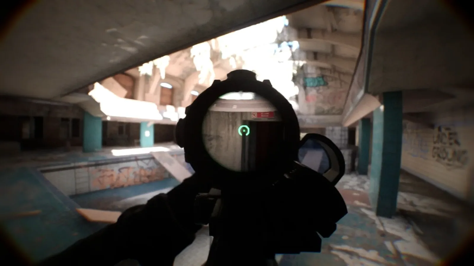 Official Bodycam promotional screenshot showing a reticle through an optic in a damaged interior.