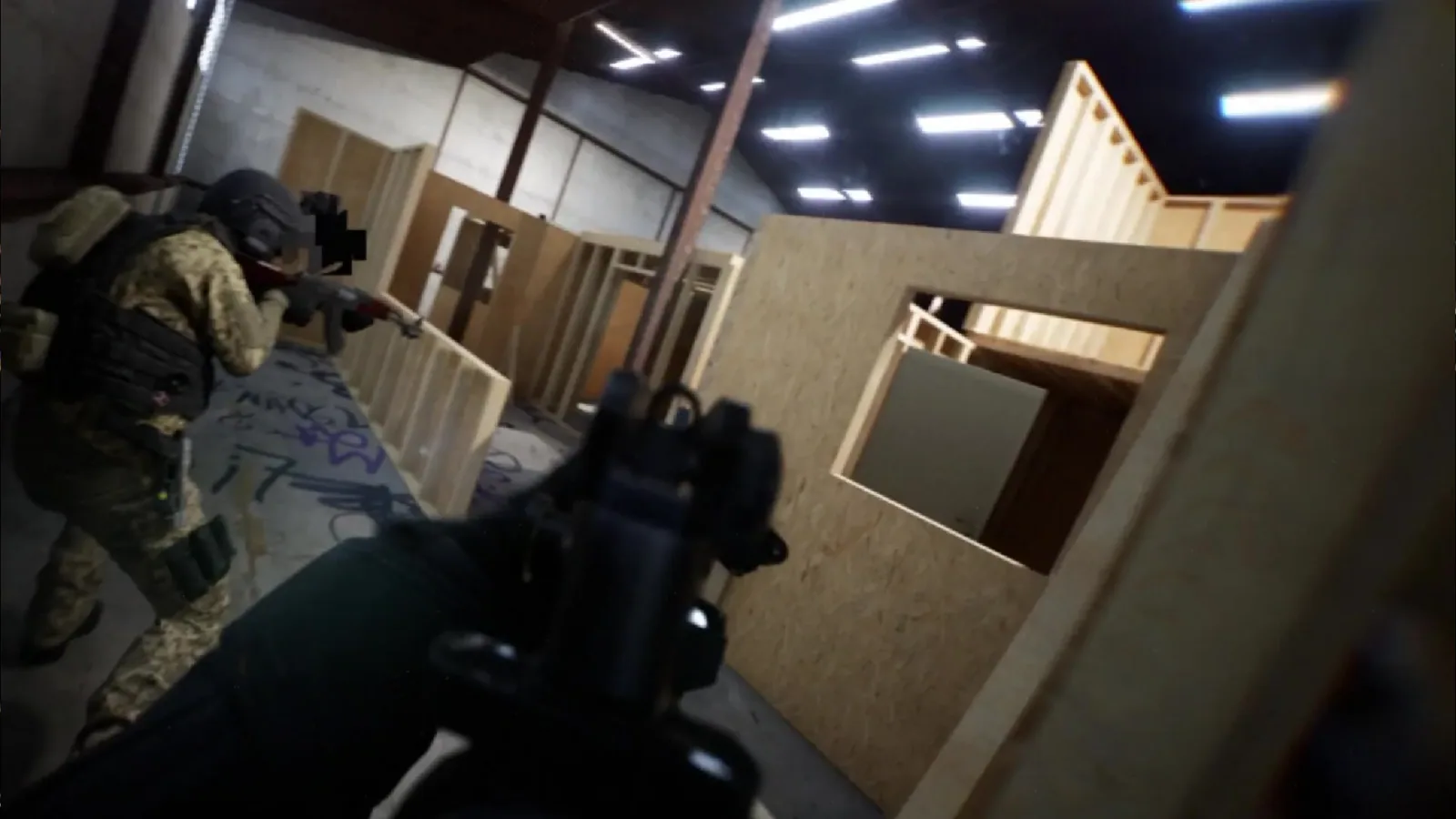 Official Bodycam promotional screenshot showing two operators advancing through a wooden indoor training environment.