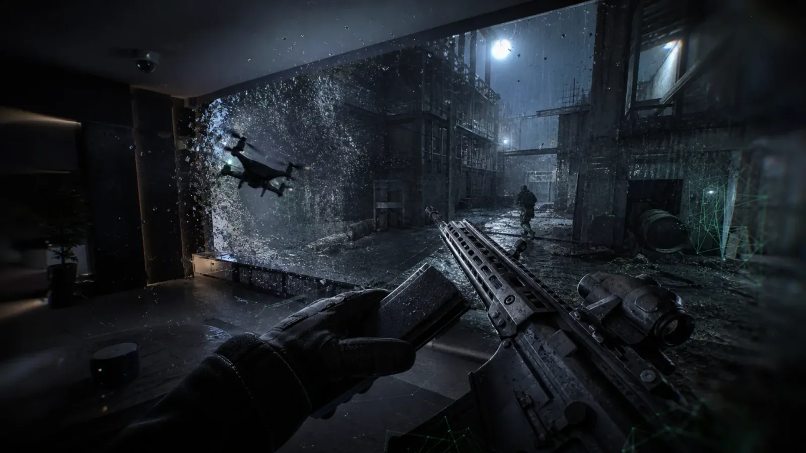 Original editorial visualization of a home media room dissolving into a photoreal first-person simulation with a reload, FPV drone, rain, and digital geometry.