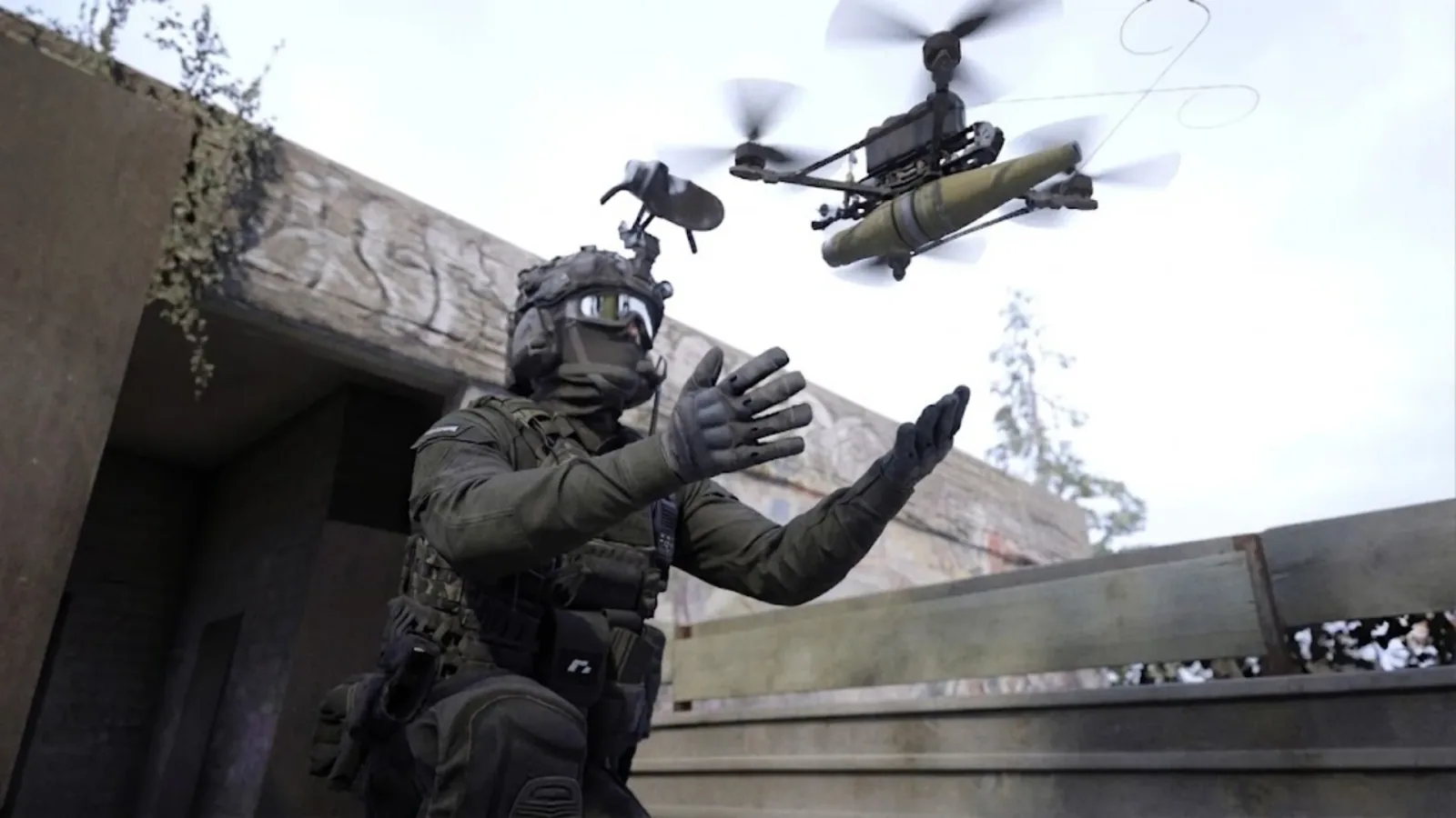 Official Bodycam promotional screenshot showing an operator with a drone or airborne tactical device nearby.