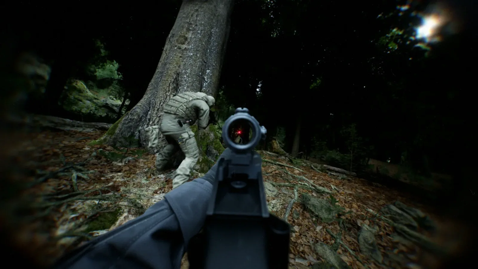 Official Bodycam promotional screenshot showing a sight aimed through a dark forest at night.