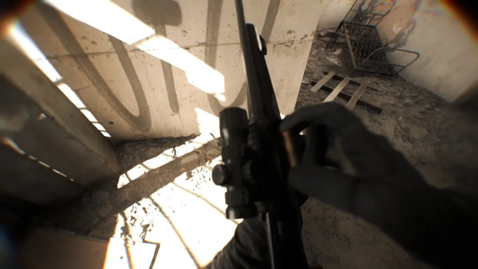 Official Bodycam promotional screenshot showing hands handling a long gun under harsh sunlight inside a ruined room.