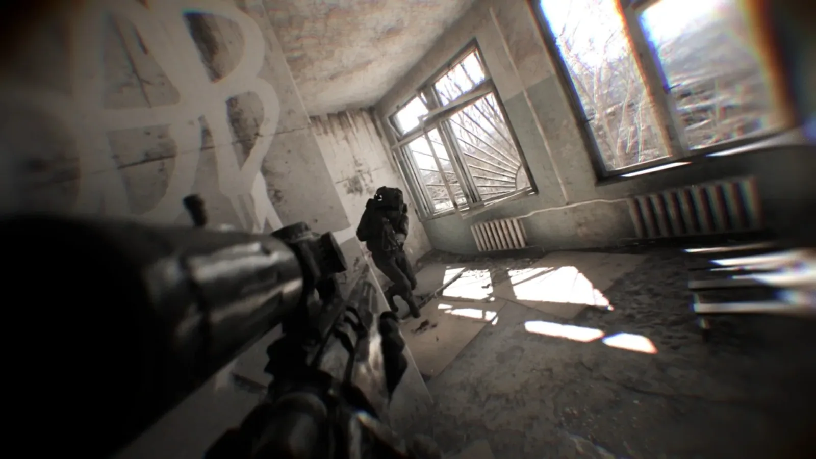 Official Bodycam promotional screenshot showing a teammate inside a damaged sunlit room.
