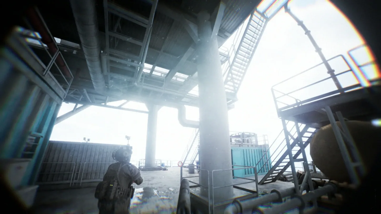Official Bodycam promotional screenshot showing an operator moving through a bright industrial structure.