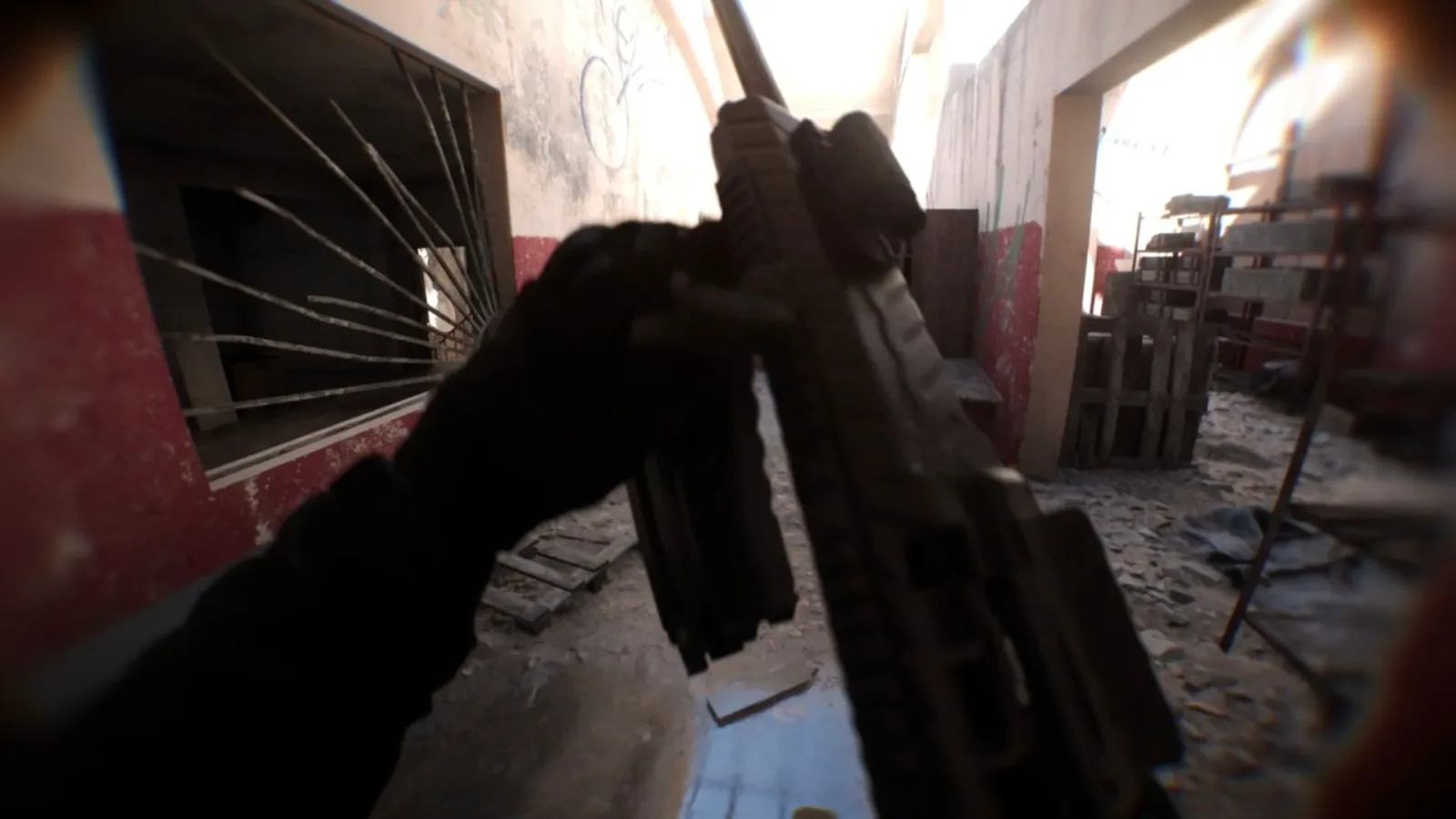 Official Bodycam promotional screenshot showing a first-person magazine reload inside a damaged industrial space.
