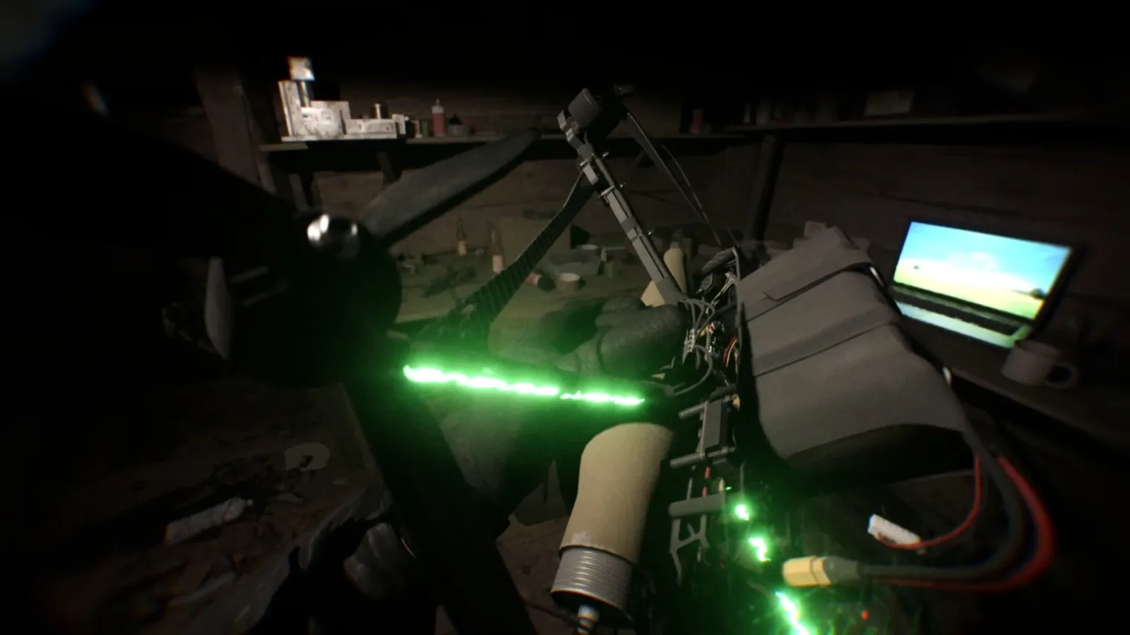 Official Bodycam promotional screenshot showing a close-up electronic device and green light at a workbench.
