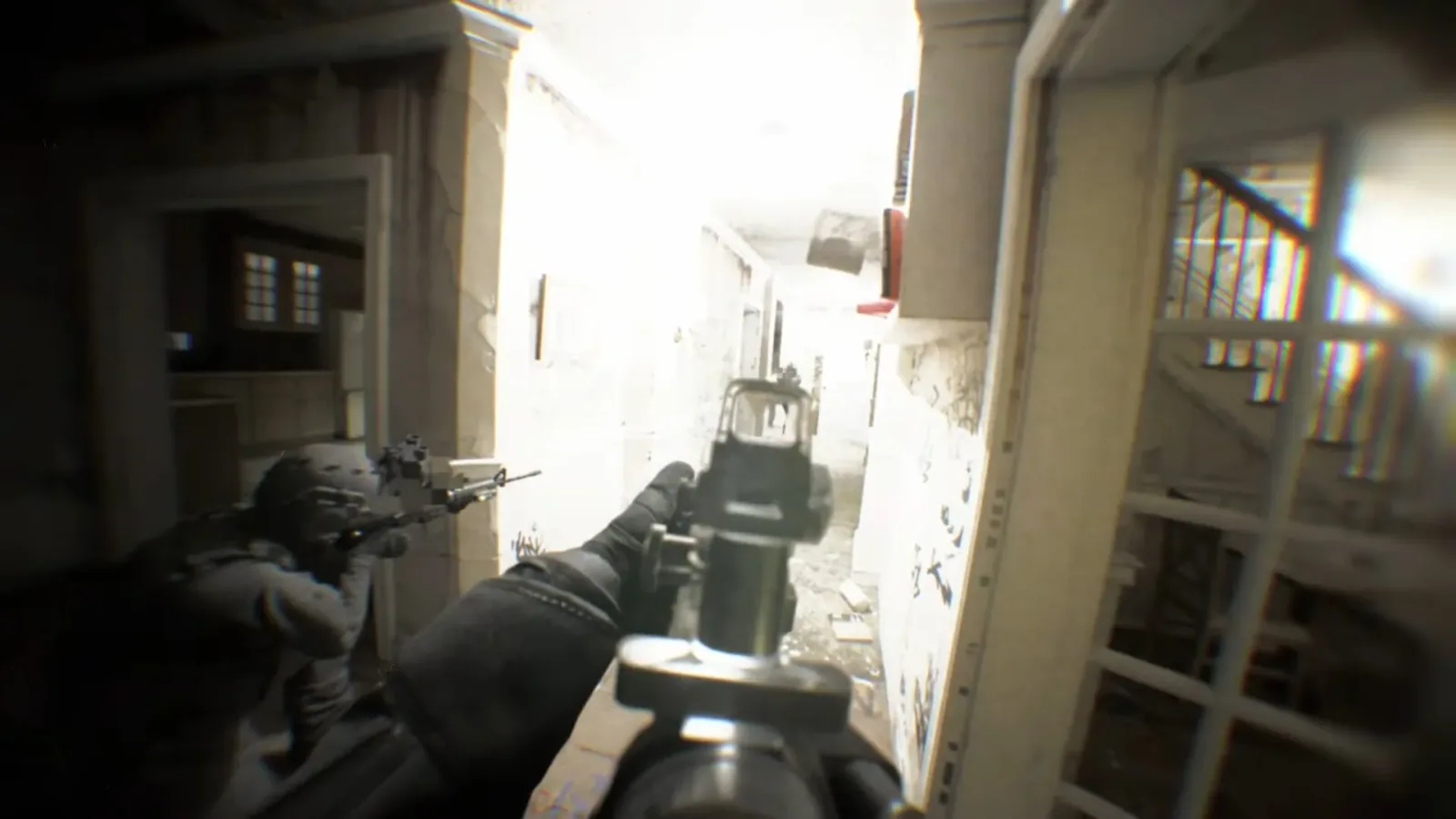 Official Bodycam promotional screenshot showing a player aiming down a bright close-quarters hallway.