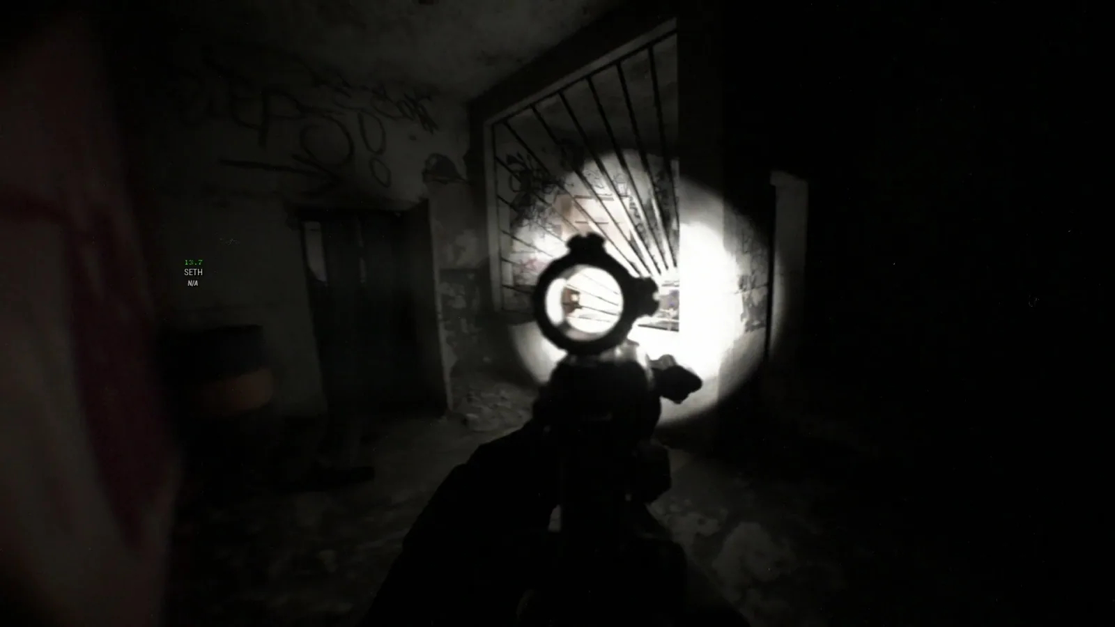 Official Bodycam promotional screenshot showing a flashlight and optic in a dark interior.