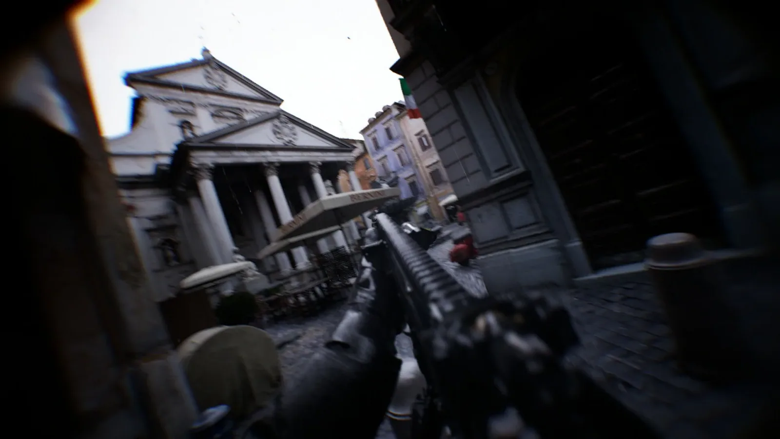 Official Bodycam promotional screenshot showing a first-person weapon view on an urban street with pronounced body-camera distortion.