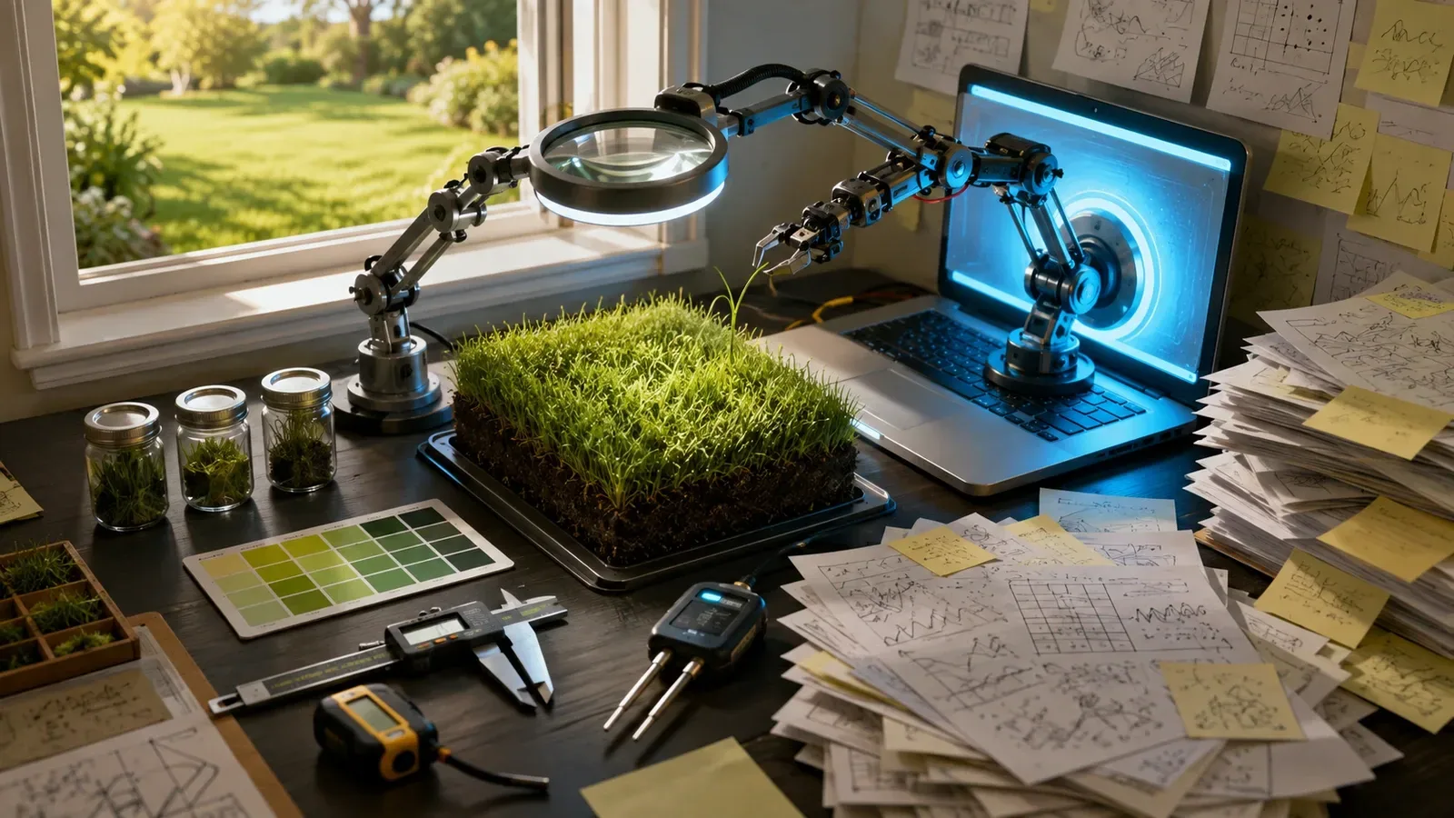 An absurd AI grass-research station using robotic arms, sensors, and stacks of notes to examine one square of lawn.