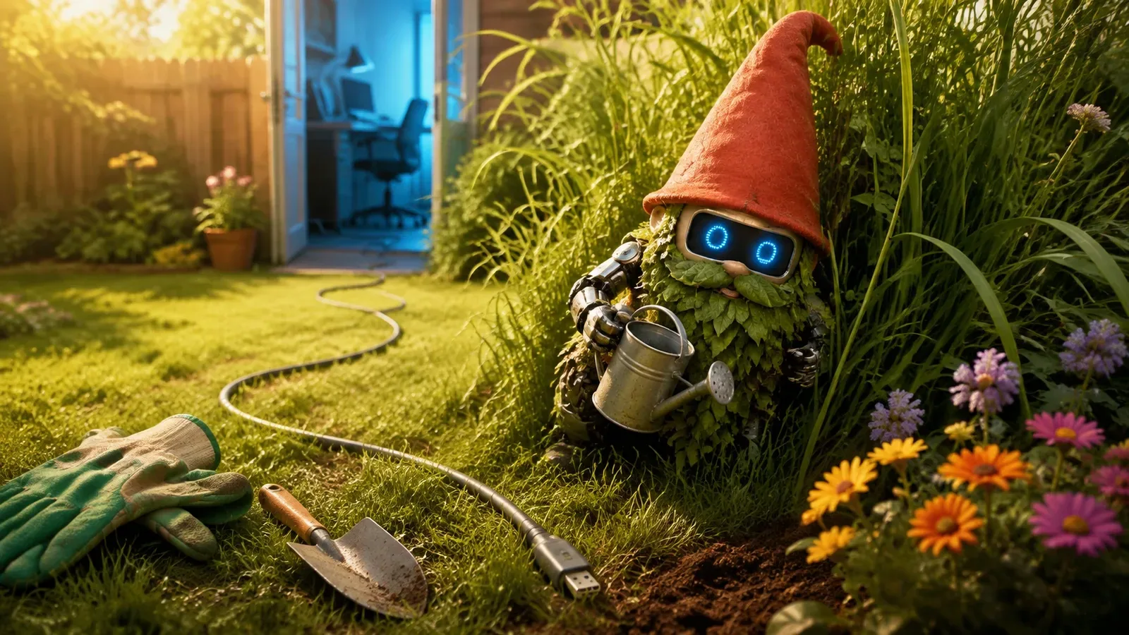 A small robot garden gnome hiding in tall grass while its charging cable trails back to a blue-lit home office.
