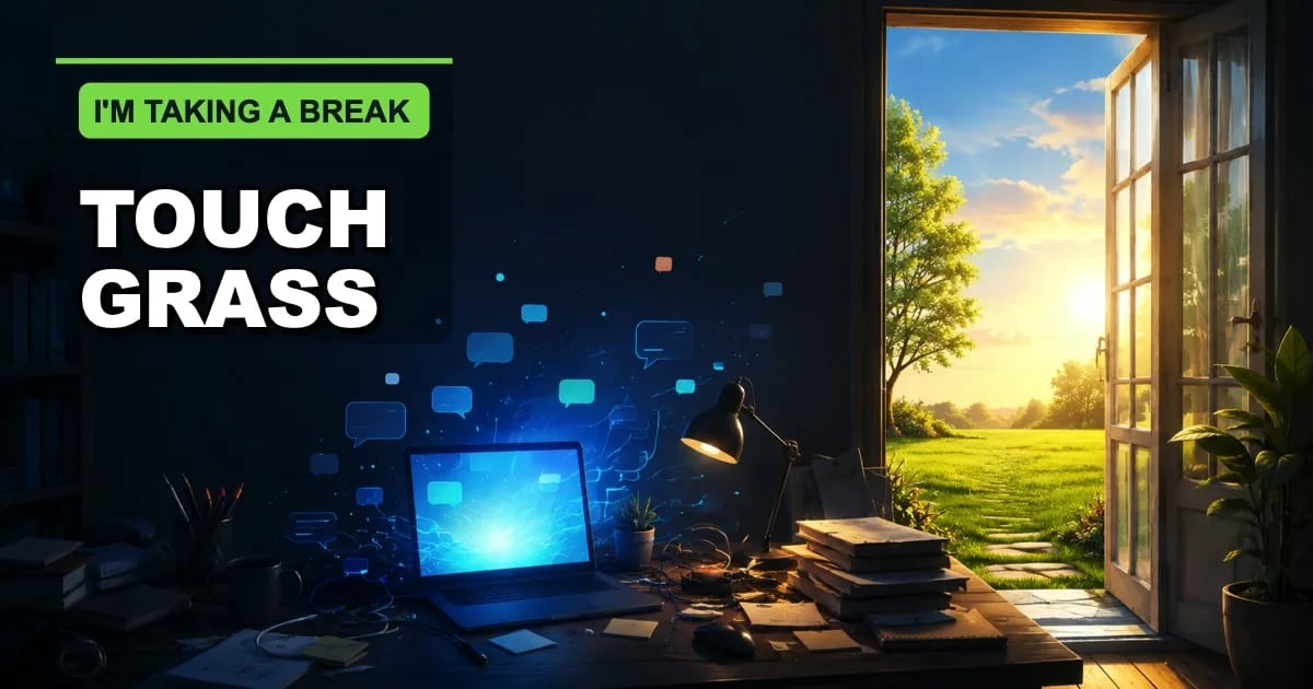 An absurd AI grass-research station using robotic arms, sensors, and stacks of notes to examine one square of lawn.